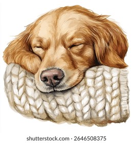 Ilustração em aquarela de um filhote de cachorro golden retriever dormindo bem, descansando sua cabeça em um cobertor de malha robusto e de cor creme.