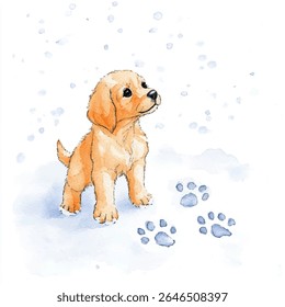A watercolor illustration of a golden retriever puppy sitting in snow, looking up, with blue paw prints in the snow.