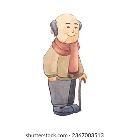 watercolor illustration of grandfather standing with stick, art drawing illustration of person.