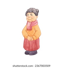 watercolor illustration of grandmother standing in winter clothes, art drawing illustration of people.