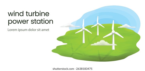 watercolor illustration of a green meadow with wind turbine. Clean energy, eco-friendly landscape concept. Perfect for sustainability, renewable energy, and environmental themes.