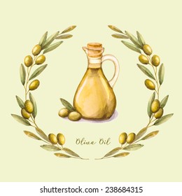 Watercolor illustration with green olive branch and olive oil in the bottle. Vector illustration.