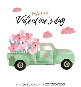 Watercolor illustration of a green pickup truck with flowers. Valentine's day.Greeting card machine with flowers	