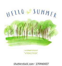 Watercolor illustration of a green summer trees