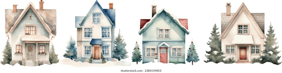 watercolor illustration of a group of house, surrounded by fir trees in the snow. Simple Christmas illustration