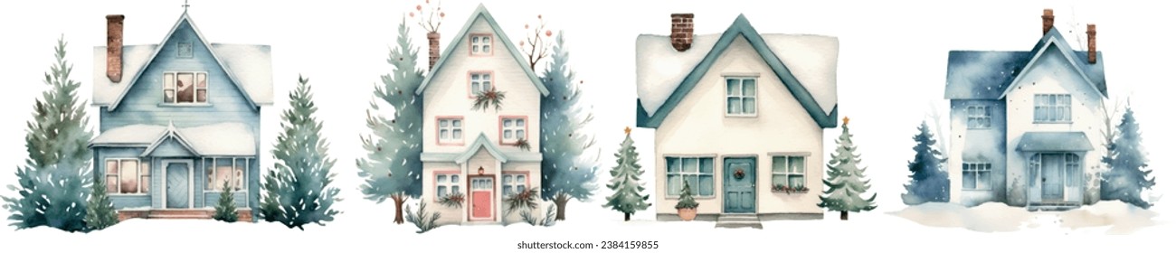 watercolor illustration of a group of house, surrounded by fir trees in the snow. Simple Christmas illustration