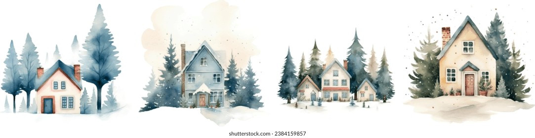 watercolor illustration of a group of house, surrounded by fir trees in the snow. Simple Christmas illustration