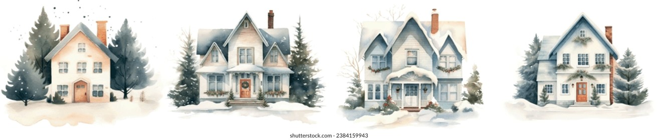 watercolor illustration of a group of house, surrounded by fir trees in the snow. Simple Christmas illustration