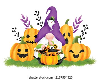 Aquarellfarben-Illustration Halloween Gnome und Kürbis