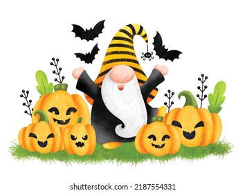 Watercolor Illustration Halloween Gnome and pumpkins