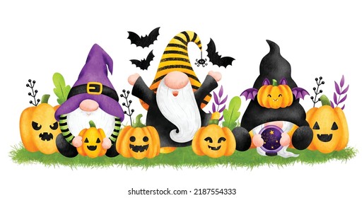 Aquarellfarben-Illustration Halloween Gnome und Kürbis