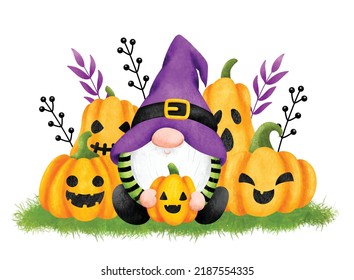 Aquarellfarben-Illustration Halloween Gnome und Kürbis