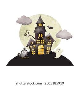 Watercolor Illustration Halloween houses. Horror gothic village buildings. Spooky witches dwellings. Ghosts castles Vector