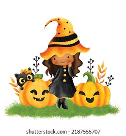 Watercolor Illustration Halloween Witch and Black cat 