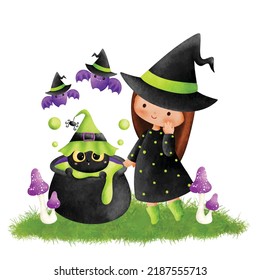 Watercolor Illustration Halloween Witch and Black cat 