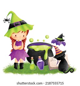 Watercolor Illustration Halloween Witch and Black cat 