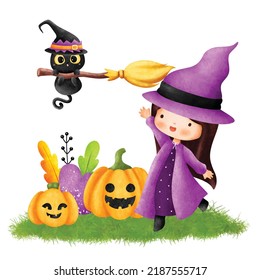 Watercolor Illustration Halloween Witch and Black cat 
