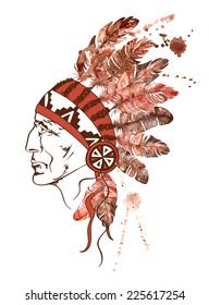 Watercolor illustration with hand drawn Native American Indian chief 