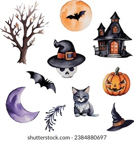 Watercolor illustration hand drawn pumpkins ghost bat cauldron sweets witch hat for Halloween