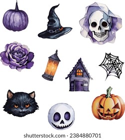 Watercolor illustration hand drawn pumpkins ghost bat cauldron sweets witch hat for Halloween