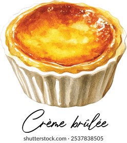 Ilustración de acuarela de Crème brûlée. Crema cremosa pintada a mano con corteza de azúcar caramelizada en un ramekin, aislado sobre fondo blanco