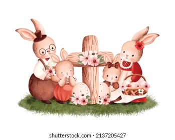 Watercolor Illustration Happy Easter Rabbit Family 