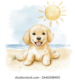 Uma ilustração em aquarela de um filhote de cachorro golden retriever feliz sentado em uma praia arenosa, com uma expressão sorridente e sua língua para fora.