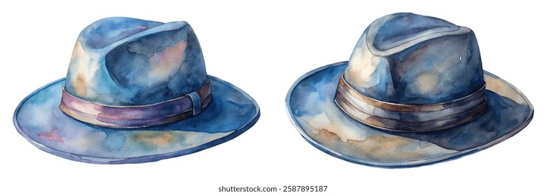 Watercolor illustration of hats, stylish blue tones, artistic design, fashion accessories, vintage appeal.