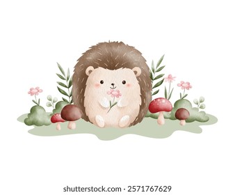 Watercolor Illustration Hedgehog and Nature Elements