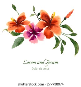 Watercolor illustration of hibiscus with leaves for your design decor