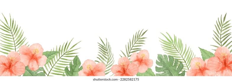 Watercolor illustration of hibiscus and monstera plant decoration painted by watercolor