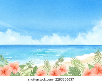 Ilustración acuática de hibiscos y mar de verano