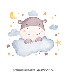 Watercolor illustration hippo and cloud with stars and moon