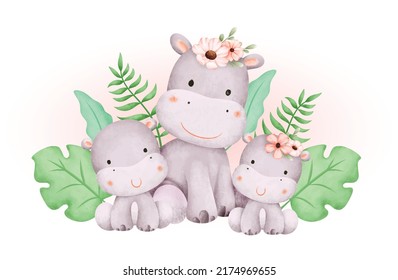 Watercolor illustration hippo family and tropical leaves