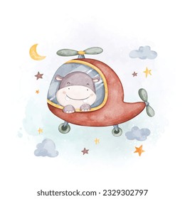 Watercolor illustration hippo in helicopter with clouds and stars