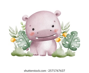 Watercolor Illustration Hippo and Tropical Leaves