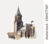 Watercolor illustration of a historic church with a tall steeple. The church's architecture features detailed stonework and a prominent tower. Vintage art illustration, vector.