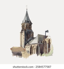 Watercolor illustration of a historic church with a tall steeple. The church's architecture features detailed stonework and a prominent tower. Vintage art illustration, vector.