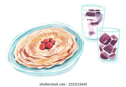 watercolor illustration of homemade crepes or pancakes with sliced strawberry on top and two glasses of milk with dragon fruit smoothies ice cubes.