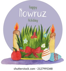 Watercolor illustration in honor of Nowruz holiday with grass and candles