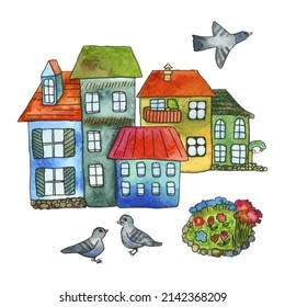 Watercolor illustration Houses in a small town in nature with pigeons