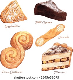 Ilustração em Aquarela de Sobremesas Italianas: Cannoli, Tiramisu, Sfogliatelle, Torta Caprese, Pane Siciliano. Pintado à mão em tons suaves, para designs culinários, livros de receitas e banner com tema de comida