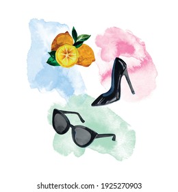 watercolor illustration items glasses shoes lemon italian mood