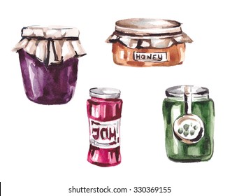 Watercolor illustration with jam jars. Vector.