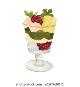 Ilustração em aquarela de um parfait de estilo japonês com geleia de matcha, frutas, mochi, chantilly e pasta de feijão vermelho em um copo. Perfeito para menus de sobremesa, embalagem, rótulo, banner ou designs de alimentos.