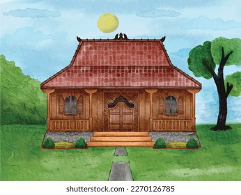 Watercolor illustration javanese house in the background vector