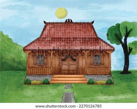 Watercolor illustration javanese house in the background vector