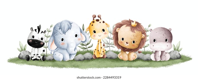 Watercolor Illustration Jungle baby Animal sitting on the grass background svg