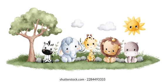 Watercolor Illustration Jungle baby Animal sitting on the grass at sunny day background