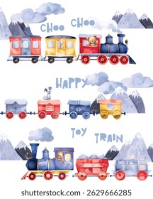Watercolor illustration of a kids train express traveling through mountains.